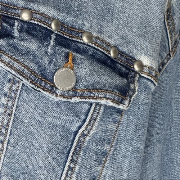 Liverpool Faded Blue Distressed Wide Long Sleeve Crop Denim Jean Jacket Medium - Picture 12 of 14